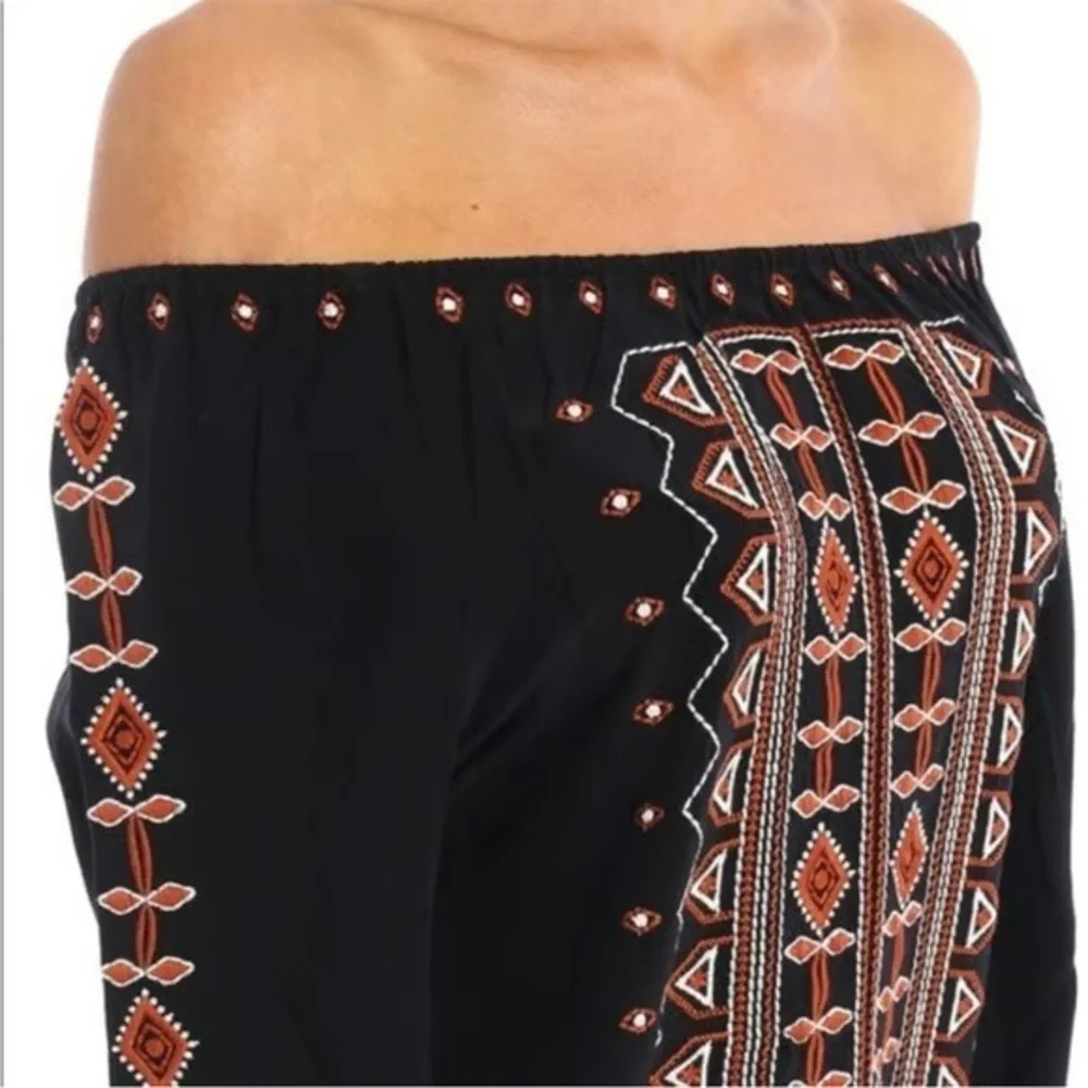 Tory Burch Jessie Black Silk Blouse with Orange Embroidery